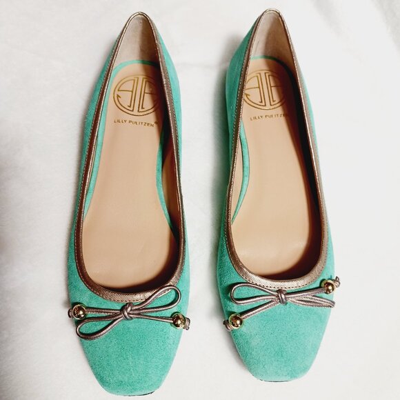 Lilly Pulitzer, Jewel Green Suede Flat Shoes, Size 7M, Gold Trim, Bow, Squared - Picture 10 of 16